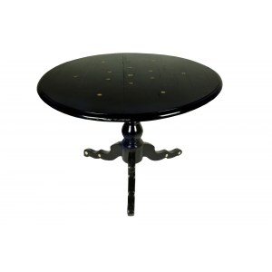 Table à voile ronde en chêne avec plateau et pieds ébonisés. Sur le plateau, inserts circulaires en os