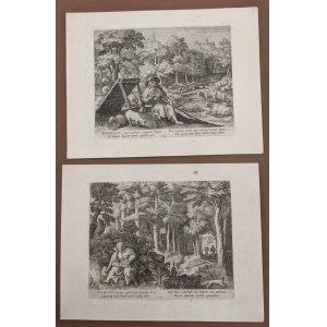 Lotto di 14 incisioni di anacoreti e un frontespizio incise da Raphael Sadeler da disegni di Martin de Vos
