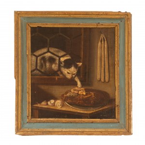 Antonio Cifrondi (Clusone, 1656 - BRescia, 1730) Bottega di, Dipinto olio su tela raff. Gatto