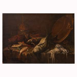 Elena Recco (Napoli, 1654 - Madrid, 1715) Ambito di, Natura morta con pesci e oggetti in rame