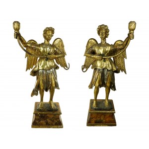 Pair of torchbearer angels in carved and gilded wood, central Italy, 17th century