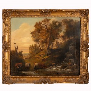 Thomas Barker Barker of Bath (Pontypool, 1769 - Bath, 1847) Attribuito a, Contadina con fascio di spighe e tre mucche sul greto di un fiume al limitar di un bosco.