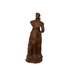 Manifattura dell'Italia centrale del XVIII secolo, Scultura in terracotta cava e brunita ad imitazione del legno raffigurante un francescano.