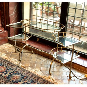Carrello da buffet in ottone argentato e dorato con ripiani in vetro