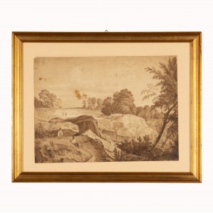 Grand dessin de François Gabillot représentant un paysage avec des personnages