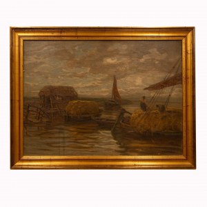 Francesco Sartorelli (Cornuda, 1856 - Udine, 1939), Veduta lacustre con pescatori