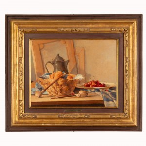 Ugo Malvano (Torino, 1878 - Finale Ligure, 1958) a firma di, Natura morta con caffettiera pipe e ciliegie
