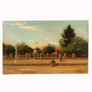 Raffaele Ragione (Napoli, 1851 - Napoli, 1925) a firma di, Scorcio di via con venditore di frutta