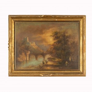 Marco Calderini (Turyn, 1850 - 1941), Widok krajobrazu rzeki z podróżnymi i mostem