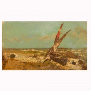 TITO PELLICCIOTTI (Barisciano, 1871 - Barisciano, 1950), Paesaggio marino con barche