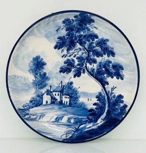 20. století Výroba Castelli (TE), Giuseppe Mercante, Talíř s ornamentálním dekorem vesnice v modrých odstínech