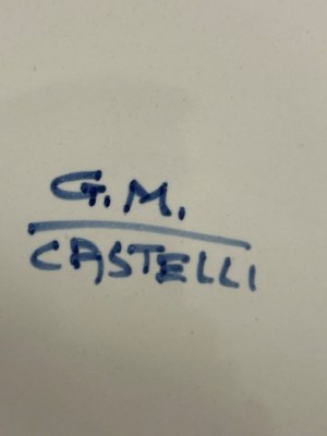20. století Výroba Castelli (TE), Giuseppe Mercante, Talíř s ornamentálním dekorem vesnice v modrých odstínech