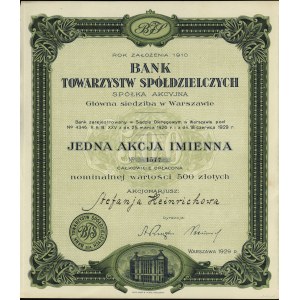 Polsko, akcie na jméno za 500 zlotých, 1929, Varšava