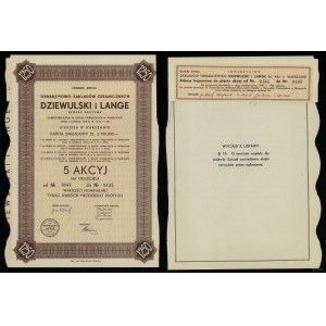Poland, 5 shares at 250 zlotys = 1,250 zlotys, 1937, Warsaw