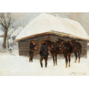Jerzy Kossak (1886 Kraków - 1955 tamże), Zimowy patrol przed chatą, 1935 r.