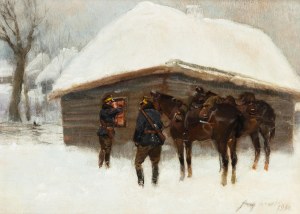 Jerzy Kossak (1886 Krakov - 1955 tamtéž), Zimní hlídka před chatou, 1935.