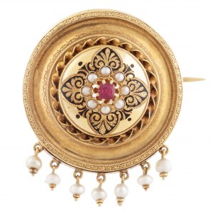 Brooch with ruby and Biedermeier pearls, 2nd half of 19th century.