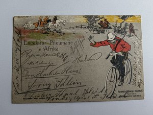 UMĚLECKÁ POHLEDNICE JÍZDNÍ KOLO KONĚ ARMÁDA, EXCELSIOR PNEUMATIC AFRIKA, PŘEDVÁLEČNÁ, ZNÁMKA, RAZÍTKO