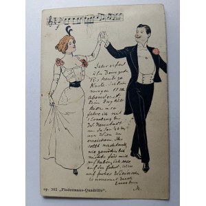 UMĚLECKÁ POHLEDNICE TANEC HUDBA ŽENA MUŽ, FLEDERMAUS QUADRILLE, PŘEDVÁLEČNÁ 1909, ZNÁMKA, RAZÍTKO