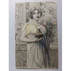 CARTE POSTALE FEMME AVEC CRUCHE, AVANT-GUERRE 1902, TIMBRE, ESTAMPILLÉ