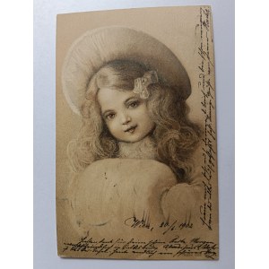 POCZTÓWKA ARTYSTYCZNA DZIEWCZYNKA W KAPELUSZU, PRZEDWOJENNA, ZNACZEK, STEMPEL 1902 R