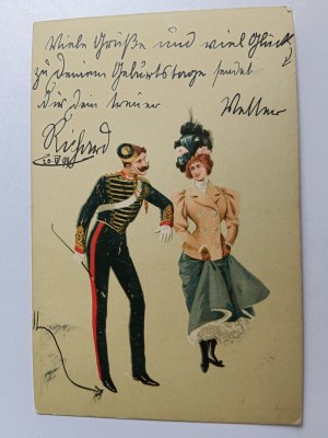 POHLEDNICE VOJÁK, ŽENA, PŘEDVÁLEČNÁ, 1899, ZNÁMKA, RAZÍTKO