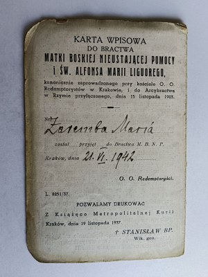 ZÁPISNÍ LÍSTEK PRO BRATRSTVO MB NEUSTÁLÉ POMOCI A SVATÉHO ALFONSE MARIA LIGUORIHO 1942, KRAKÓW