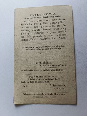 MODLITBA NOVÉNY, KRAKOV 1931, SESTRA MARJA MARTA CHAMBON, KONVERTITKA