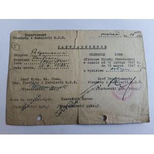CERTIFICAT DÉPARTEMENT DE L'INFANTERIE ET DE LA CAVALERIE M.O.N., ARMÉE