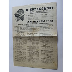 CENÍK OSIVA DVOULETÝCH A VYTRVALÝCH KVĚTIN, TORUŇ, HOZAKOWSKI SLOŽENÍ A ŠLECHTĚNÍ OSIVA ZAHRADNICTVÍ 1949