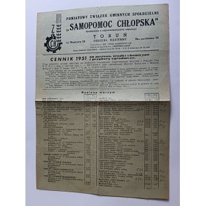 CENNIK NASION, ŚRODKÓW CHEMICZNYCH I PRZYBORÓW OGRODNICZYCH, TORUŃ SAMOPOMOC CHŁOPSKA 1951 R