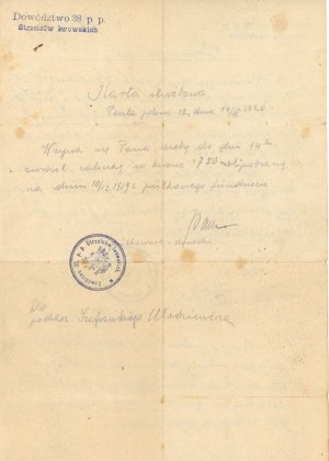 Second Republic, Command of the 38th P.P. of the Lviv Riflemen. Certificate, 1920 (351)