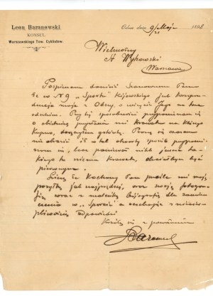 Warsaw Cyclists' Society. Letter of 1898 (317).