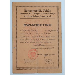 Świadectwo, Kurs Przeszkolenia Szeregowych, Szczecin 1946 (213)