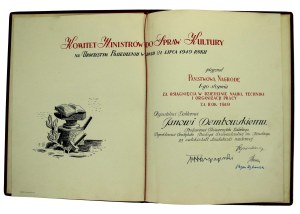 Speaker of the Sejm - Diploma awarding the State First Degree Prize to Professor Jan Dembowski, 1949 (880).