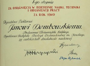 Speaker of the Sejm - Diploma awarding the State First Degree Prize to Professor Jan Dembowski, 1949 (880).