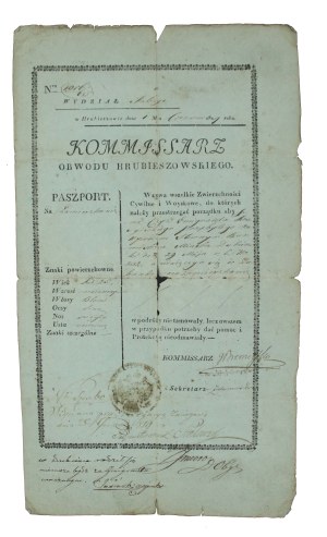 Kingdom of Poland - Passport issued by the Commissioner of Hrubieszow District, 1819 (887)