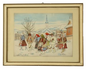 Motyw zakopiański, Górale przed kościołem, grafika (612)