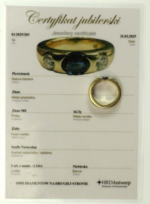 Ring with sapphire and diamonds. 16.7 g gold. Certificate (175)