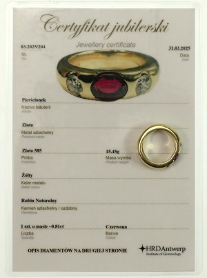 Ring with ruby and diamonds. Gold 15.45 g. Certificate (176)