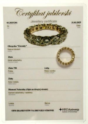 Eternity ring with diamonds, gold. Certificate. 3.42 ct (177)
