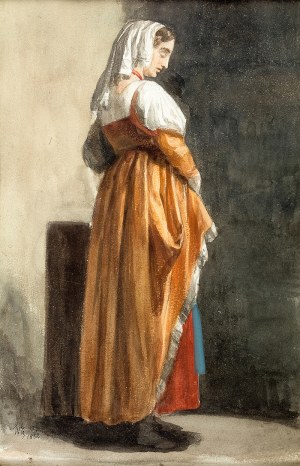 Walery Eljasz-Radzikowski (1841 Kraków – 1905 tamże), Kobieta w czerwonej sukni, 1882 r.