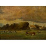 Antoni Motłoch (1919-?), Pejzaż wiejski z krowami, 1918 r.