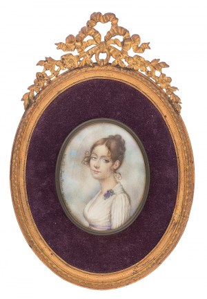 Anna Chamiec (1913-?), Miniatura w mosiężnej ramce – Dama z fiołkami, 1987 r.