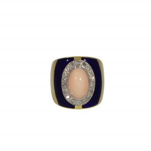 Ring with coral and cobalt enamel, 21st century.