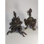 Two inkwells: one with seahorses, one with shield-holding lion (Marzocco?), 19th century