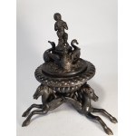Two inkwells: one with seahorses, one with shield-holding lion (Marzocco?), 19th century