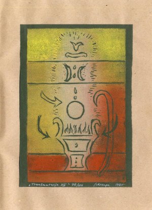 Janina Kraupe: Transmutations XIII, color linocut 1985 19x14 cm