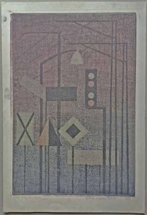 Barbara Narębska-Dębska: Železniční značky, barevná akvatinta 1962 54x37 cm