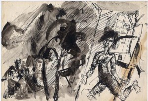 Jerzy Piotrowicz: Anioły I, rysunek tusz ołówek 1985 cykl: Anioły Wildeckie 30x42 cm